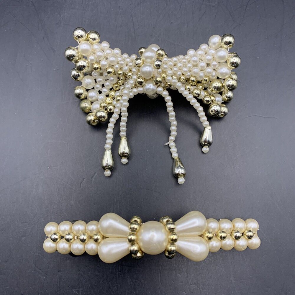 Faux Pearl Bow Hair Barrette Lot French Style Barrettes Gold Tone Beaded Vintage